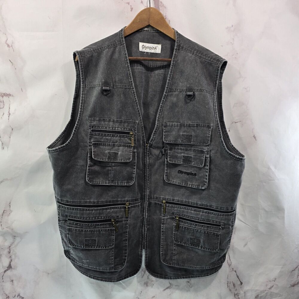 OlimpinA Vest Men 2XL 3XL Gray Fishing Vintage Full Zip Canvas Utility Tactical